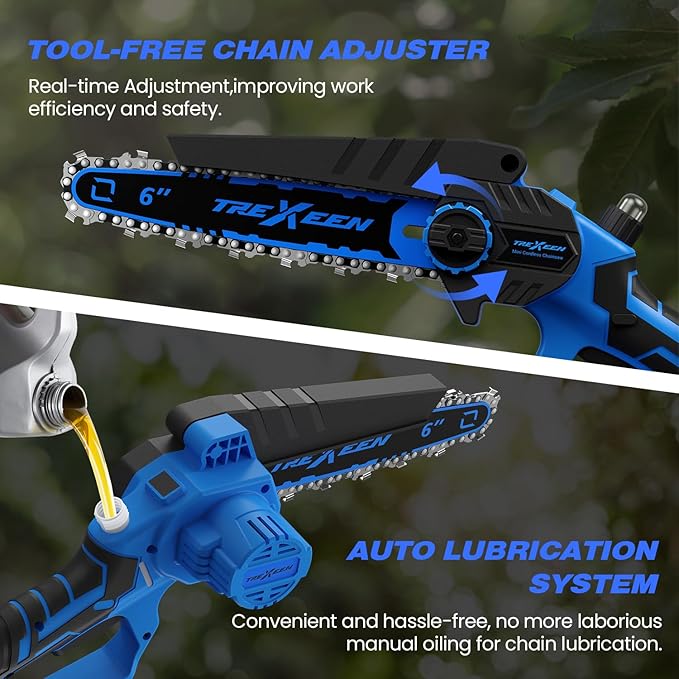 Mini Chainsaw, 6-Inch Electric Chainsaw Cordless, Upgraded 900W Brushless Portable Handheld Small Chain Saw with Auto Chain Regulator & Auto Oiler for Wood Cutting/TreeTrimming/Courtyard (Blue)