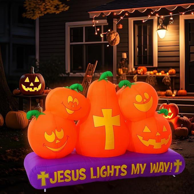 Chivao 5 ft Halloween Christian Inflatable Pumpkins Decoration for Outdoor Jesus Lights My Way Inflatable Pumpkins Trunk or Treat Blow up Yard Decor Halloween with LED for Garden Lawn Holiday Decor