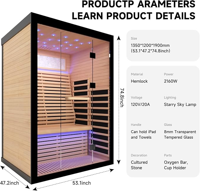 Far Infrared Home Sauna Room,2160W 7 Color Light Therapy Lamp Dry Saunas for Home,Infrared Sauna 2-3 Person,Canadian Hemlock Indoor Sauna Spa with Oxygen Bar,Starry Night Light Canopy