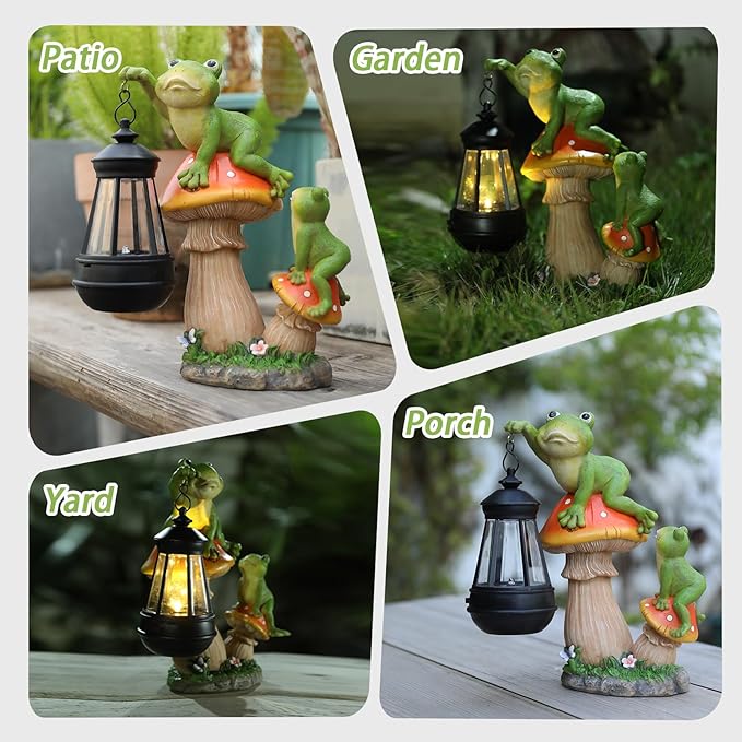 Garden Frogs Statue, Large Funny Frogs Figurine Climbing on Mushroom and Holding a Solar LED Lantern Resin Ornament for Patio Yard Lawn Porch Outdoor Decor, Women/Gardening Decoration Gifts