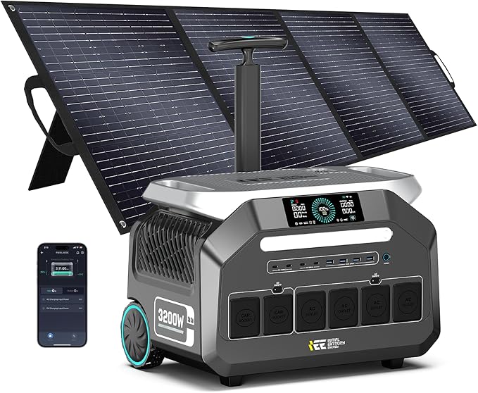IEE P3200 3200W Solar Generator with 200W Panel included, 2048Wh Solar Power Station with 4 * 3200W AC Outlets (6400W Peak), 1800W Fast Charging, APP Control Emergency Power for Home, Camping & RVs