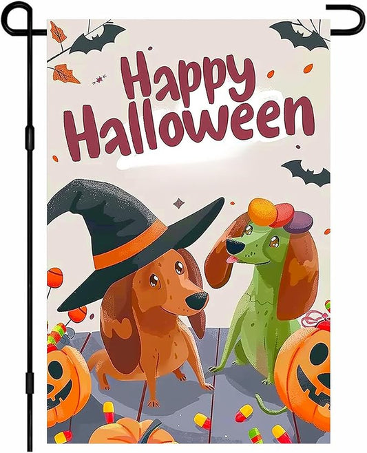 Halloween Dachshund Dog Garden Flag 12x18 Inch Funny Witch Hat Pumpkin Candy Outdoor Yard Banner Fall Porch Decoration for Spooky Holiday Season