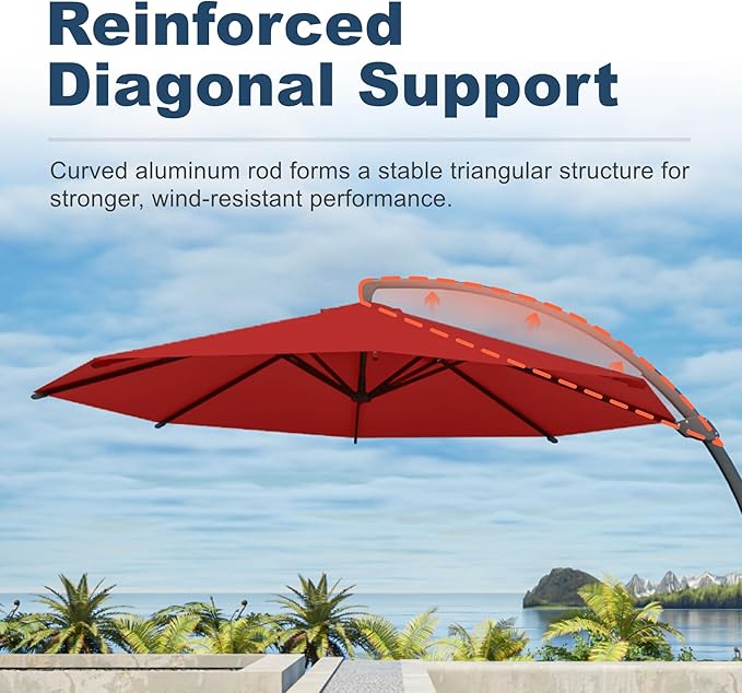 12FT Cantilever Umbrella with Base Large Curvy Outdoor Aluminum Offset Umbrella w/ 360° Rotation, UV Resistant Canopy for Patio, Garden, Backyard, Red