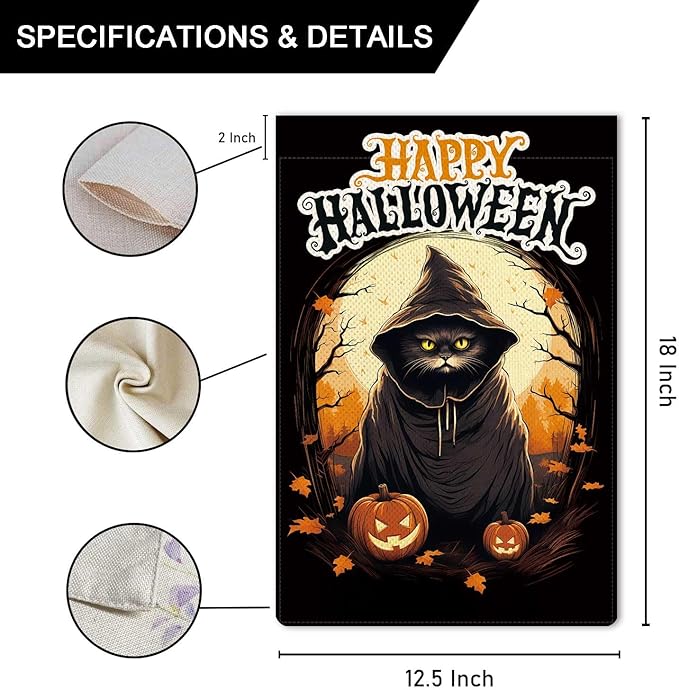 Happy Halloween Garden Flag Black Wizard Cat Flag Ghost Pumpkin Vertical Double Sided Rustic Farmland Burlap Yard Lawn Outdoor Decor 12.5x18"