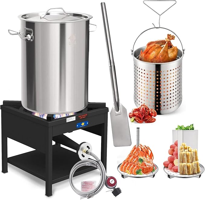 ARC 32QT Seafood Boiling Kit, 200,000BTU Propane Burner and 36" Mixing Paddle, Crawfish Boil Pot w/Basket and Steamer Rack, Outdoors Cooking and Steaming, Large Turkey Fryer Pot, Lobster Shrimp Pot