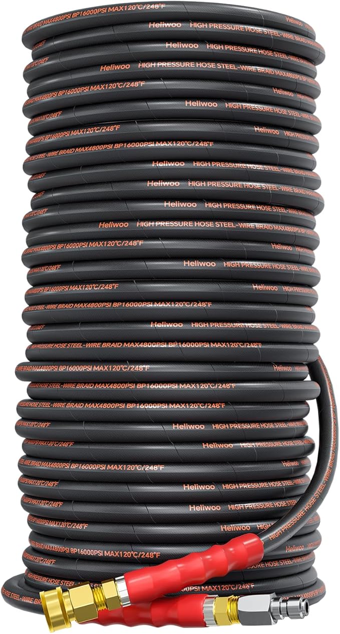 Pressure Washer Hose 200FT, 3/8" Power Washer Hose Steel Wire Braided with Swivel Quick Connect, Commercial Grade Industrial High Pressure Water Washing Hose (4800PSI, 200FT)