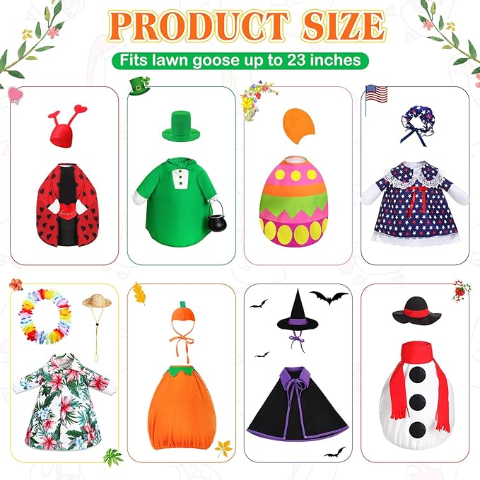 8 Set Seasonal Holiday Goose Outfits Fall Halloween Christmas Summer All Seasons Lawn Porch Goose Clothes Costume for 23" Cement Statue Garden Patio Outdoor Decoration(Classic Style)
