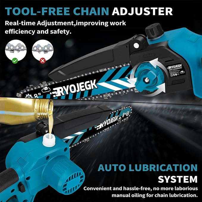 8-Inch & 6-Inch Brushless Mini Chainsaw Cordless with 2×4.0Ah Battery, 4 Guide Bars & Tool-Free Installation, Portable Handheld Chain Saw for Tree Trimming, Branch Cutting and Wood Pruning