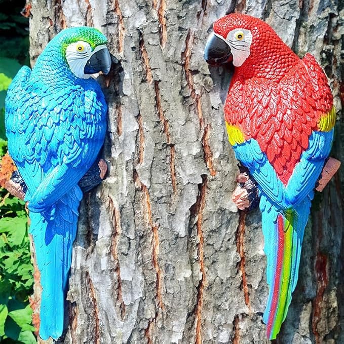 coolboy Bird Statue Decorations Outdoor,Garden Bird Figurine Real Parrot Figurine,Resin Bird,Bird Statue Gift,Wall Hanging Macaw Bird Tropical Decor Wall Sculpture, Polyresin, Full Color,2 Bird a Set