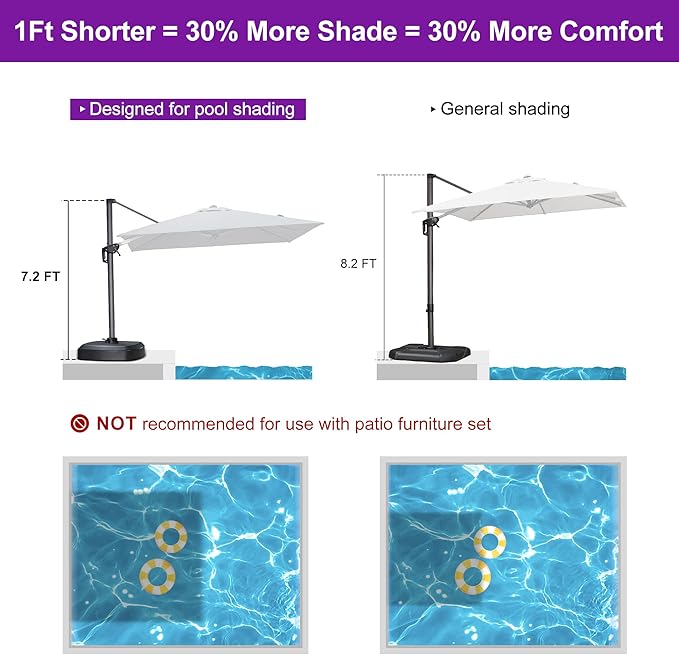 PURPLE LEAF 8' X 8' Patio Umbrella with Wheeled Base for Pool 7' High Offset Outdoor Cantilever Umbrella Swimming Pool Umbrella with 360°Rotation for Poolside Light Grey