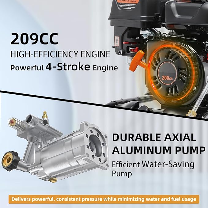 Gas Pressure Washer, 3500PSI Gas Power Washers 209CC 2.3GPM High Pressure Washers with 25FT Hose, 4 Quick-Connect Nozzles, Soap Tank, Axial Pump, Portable Pressure Washer Gas Powered for Car