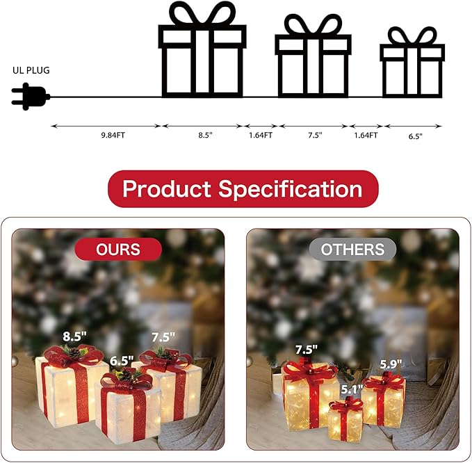 Set of 3 Christmas Lighted Gift Boxes, 60 LED Light Up Present Boxes for Christmas Decorations Indoor Outdoor Yard Xmas Tree Holiday Party Lawn Porch Home(Max. 8.5")