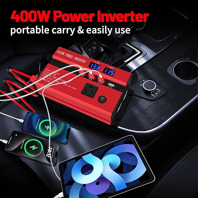 400W Power Inverters for Vehicles, Car Power Inverters DC 12V to 110V AC Car Plug Adapter Outlet with 2 Type-C (Equip with 2 USB), Fast Charger for Phone, Laptop