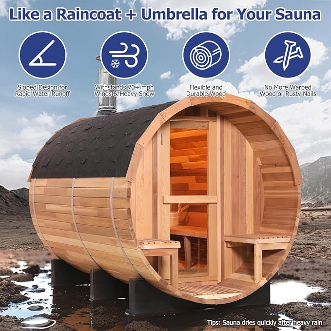 Customize Wood Burning Sauna 4-8 Person, Outdoor Canadian Red Cedar Barrel Sauna with Porch, Glass Window Option, Scenic Porch, Wood Stove, Luxurious Texture