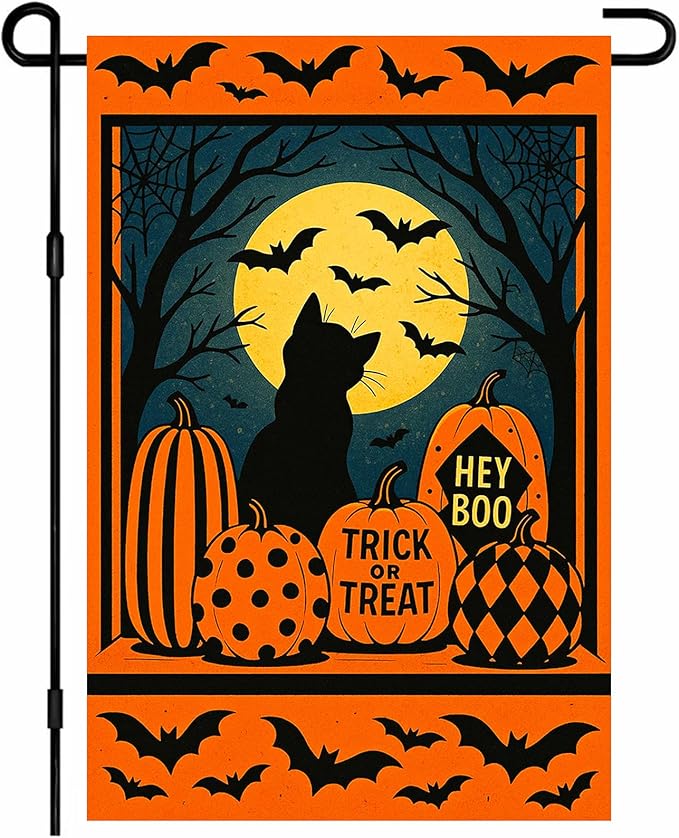 IVN Happy Halloween Garden Flag 12x18 Inch Double Sided Black Cat Pumpkin Bat Moon Trick or Treat Hey Boo Outdoor Yard Flag for Outside Front Door Lawn Porch Patio Welcome Decor