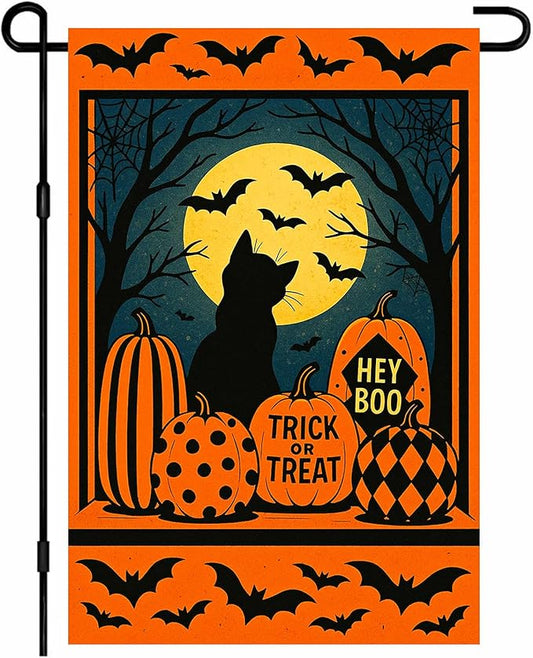IVN Happy Halloween Garden Flag 12x18 Inch Double Sided Black Cat Pumpkin Bat Moon Trick or Treat Hey Boo Outdoor Yard Flag for Outside Front Door Lawn Porch Patio Welcome Decor