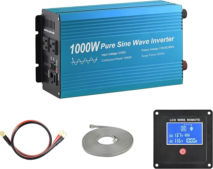 Pure Sine Wave Power Inverter 1000W DC12V to AC 110V with Dual sockets and USB, LCD Remote kit. (1000W)