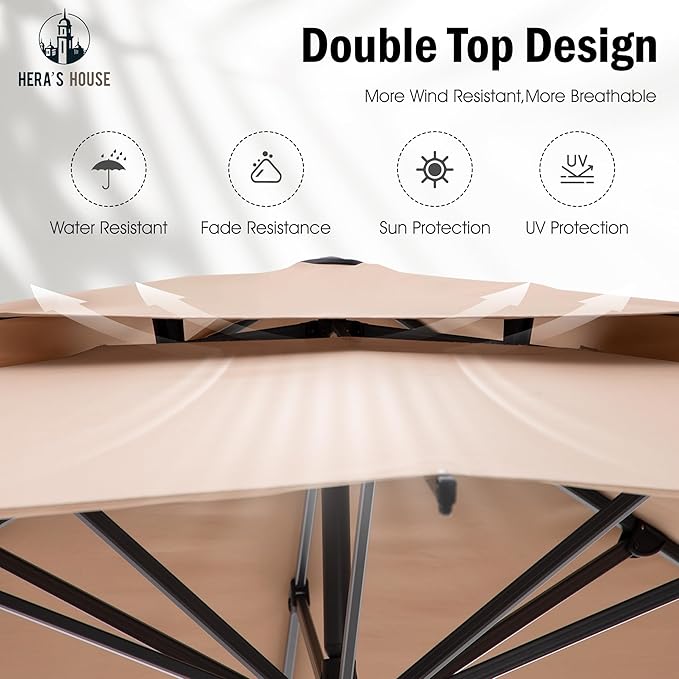 HERA'S HOUSE 10 X 10FT Cantilever Outdoor Patio Umbrella,Large Rectangle Double Top UV Resistance Windproof Umbrella with Heavy Duty 360 Degree Rotation Offset,Aluminum Pole for Garden Pool Backyard, Beige