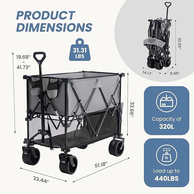 DUMOS Large Capacity Folding Double Decker Wagon with Brakes, 440 lbs Wagons Carts Foldable Wagon Cart with Flexible Handle, All-Terrain Big Wheels for Grocery Sports Garden Camping