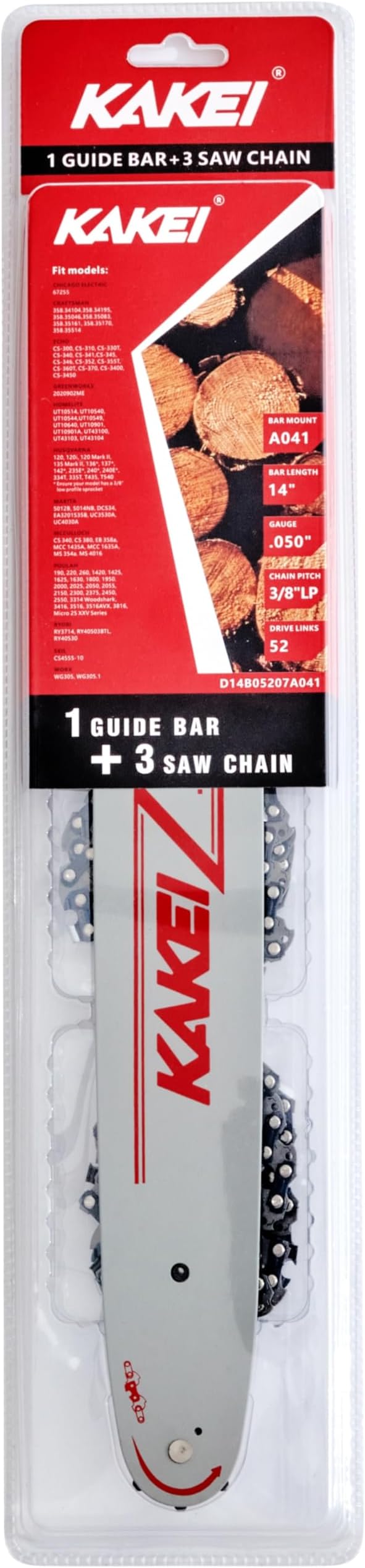 KAKEI 14 Inch Chainsaw Bar& Chain Combo - 3/8" LP Pitch, .050" Gauge, 52 Drive Links Fits Husqvarna 120, Echo CS-310, Ryobi RY3714& More (3 Chains+ 1 Bar)