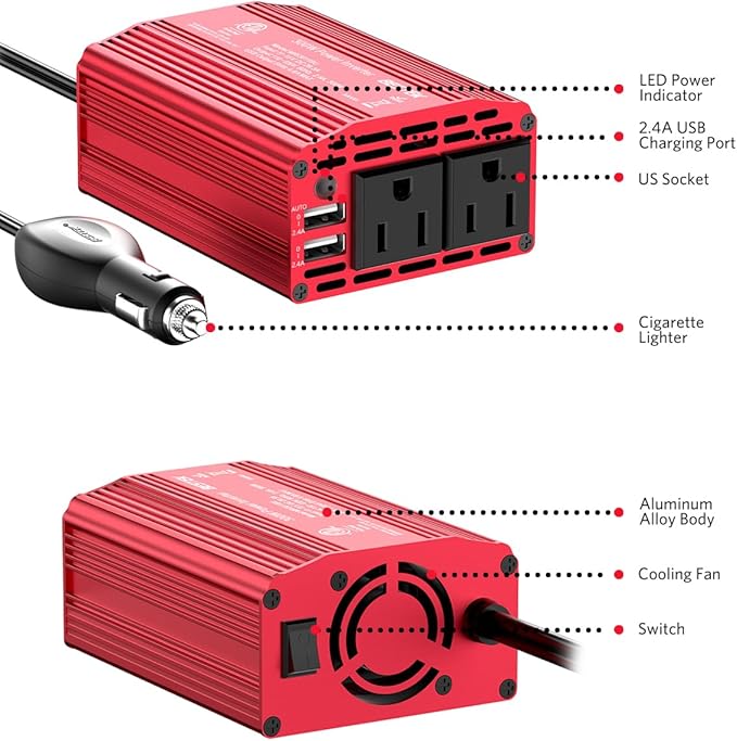 BESTEK 300W Car Power Inverter - DC 12V to 110V AC Car Inverter Converter with 4.8A Dual USB Charging Ports and Dual AC Outlets - Car Power Adapter for Laptop, CPAP Machine, Nebulizer, Breast Pump