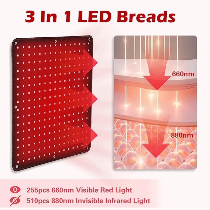 18" x 18"Red Light Therapy Mat for Body, 255 LEDs 660nm 850nm Infrared Light Therapy Heating Pad with Car Charger Plug for Back Knee Joints 50w 10Hz/40Hz Pulse Mode