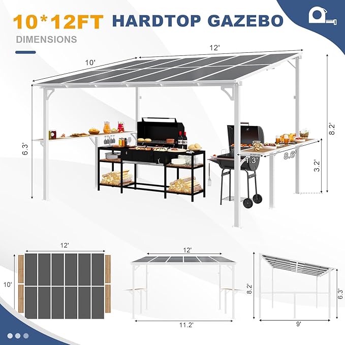 MEISSALIVVE 10' x 12' Wall Mounted Gazebo, Outdoor BBQ Grill Gazebo with Side Shelf, Lean to Metal Awnings with Sloped Roof, Heavy Duty Pergola for Backyard, Deck, White