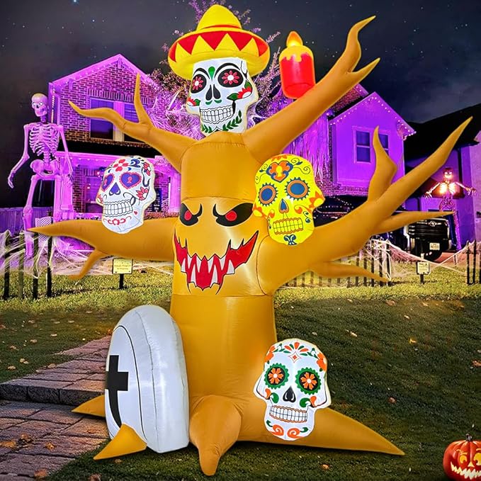 8FT Halloween Inflatable Decorations, Blow up Tree Decorations Day of The Dead Catrina Skulls Dia de Los Muertos, Built-in LEDs for Halloween Party, Garden, Lawn, Yard, Patio Décor