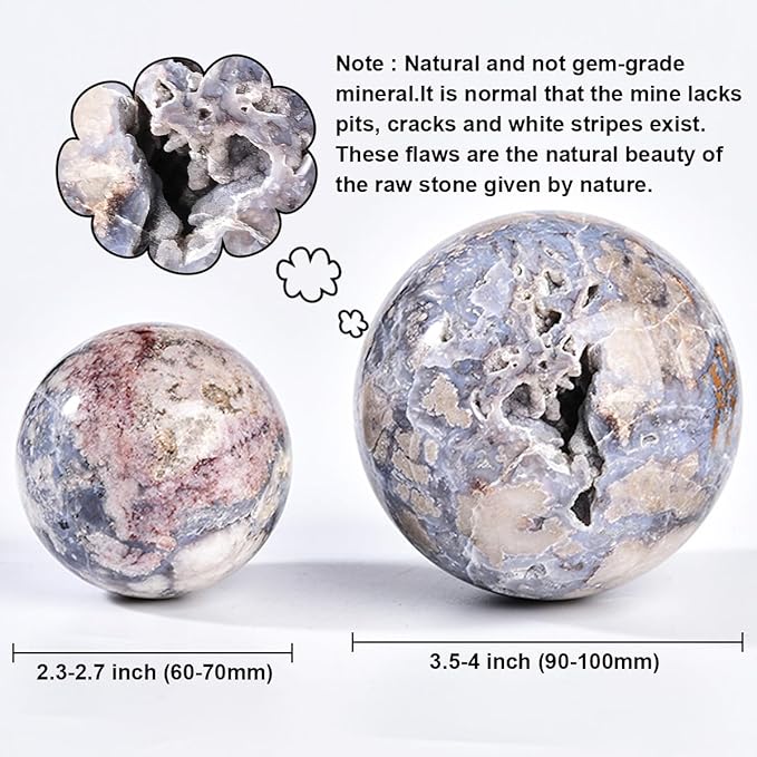 JIC Gem Blue Cherry Blossom Agate Crystal Ball with Stand Healing Crystal Sphere Natural Flower Agate Stone Meditation Home Decor 2.3-2.7 inch (60-70mm)