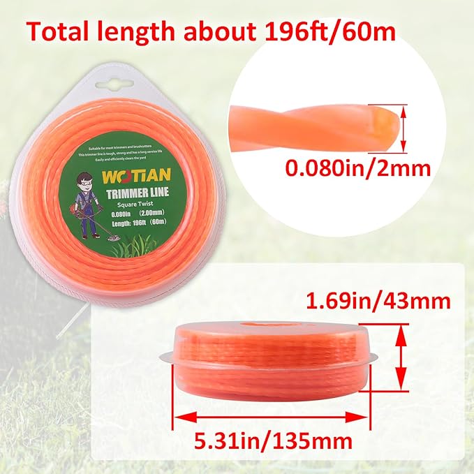 WOTIAN 080 Square Twisted Trimmer line 0.080-Inches Weed Eater String 196-Foot Square Twist Weed Wacker String of Nylon Compatible with Stihl Echo Universal Grass Cordless Electric Trimmer,Orange