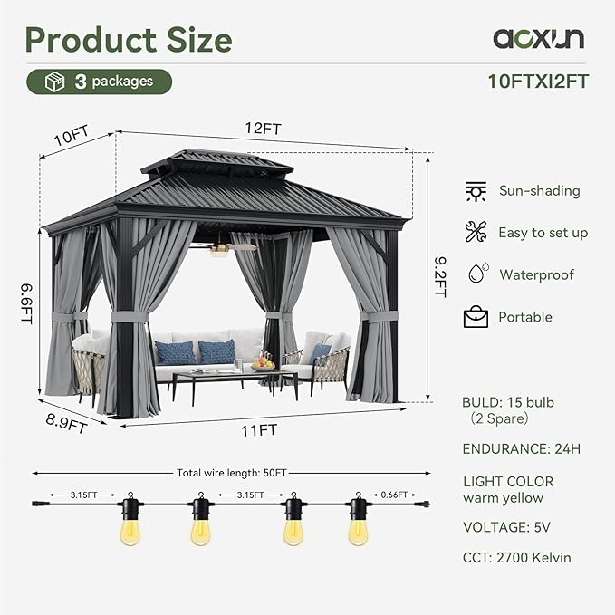 Aoxun 10' X 12' Hardtop Gazebo with Drainage System, Aluminum Outdoor Gazebo with Galvanized Steel Double Roof, Patio Permanent Metal Pavilion and LED Waterproof Hanging Lights, Easy Assemble