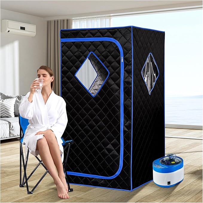 ZONEMEL Personal Portable Steam Sauna, Full Size Sauna Tent, 1500 Watt 4 Liter Steamer with Remote Control, Timer, Portable Sauna Chair for Home Saunas (L 33.8" x W 33.8" x H 65.7", Blue Border)