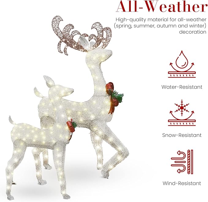 Lamerge Lighted Reindeer Family Set of 3, Christmas Decorative Deer with Red Bow and Ground Stake, Indoor or Outdoor Christmas Holiday Decoration for Yards Lawn Patio -White