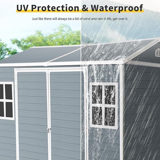 8x6 FT Resin Storage Sheds Outdoor with Floor, 2 Windows & Lockable Door Storage Shed - Waterproof Garden Tool Shed, Patio & Backyard Tool Storage Cabinet Use - Gray