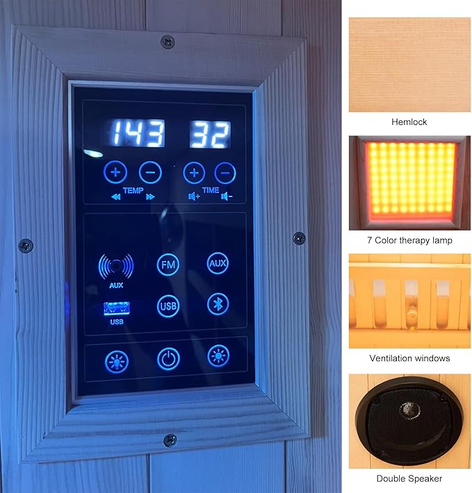 ZONEMEL Full Spectrum Infrared 2 Person Wooden Sauna Room with Recliner, Canadian Hemlock Luxury Indoor Sauna with 10 Heaters, Oxygen Bar, 3400 Watt, Infrared Therapy Wood Dry Heat Sauna, 220V