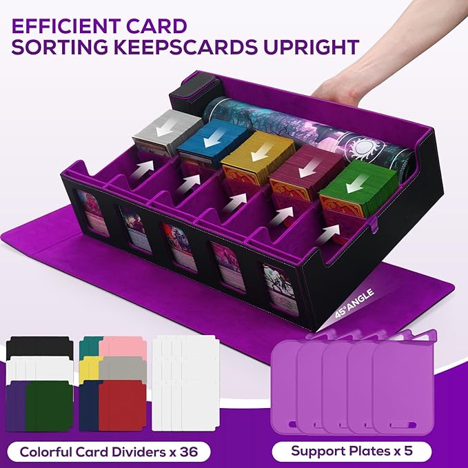 Trading Card Storage Box for MTG, card storage box with Commander Display，Multi-purpose Deck Case for MTG TCG Sports Card, 4 Toploaders, 4 Stoppers, 4 Colorful Dividers (Black& Purple, 5-Row)