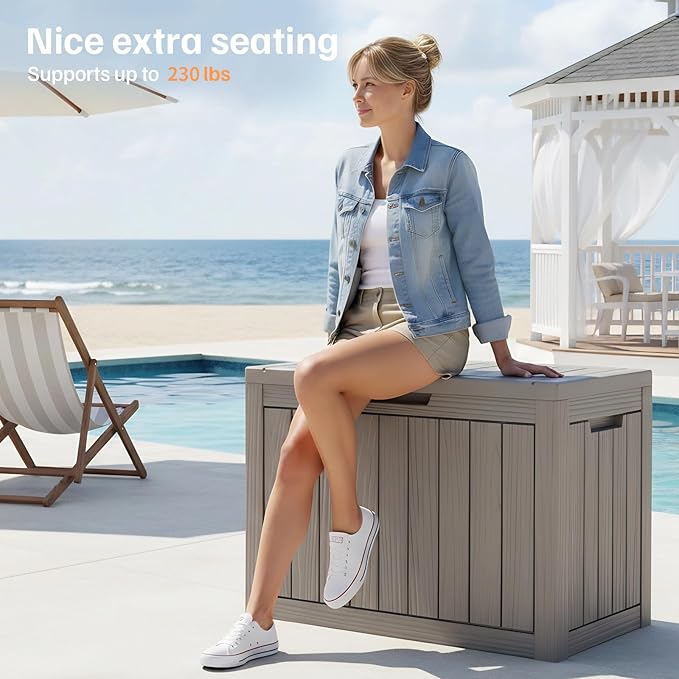 45 Gallon Deck Box, Small Outdoor Storage Box Waterproof, UV-Resistant and Weatherproof Outside Resin Storage Bin for Outdoor Patio Furniture Pillows, Pool Supplies, Garden Tools, Light Brown