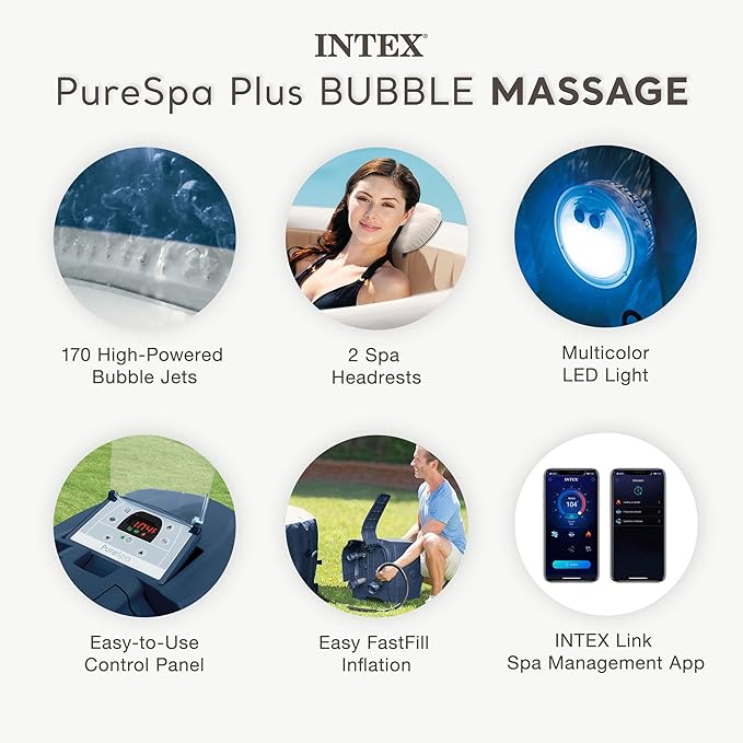 INTEX 28431EP PureSpa Plus Bubble Massage Spa Set: Includes Energy Efficient Spa Cover –2 Headrests – LED Light – 6 Person Capacity – 85" x 28"