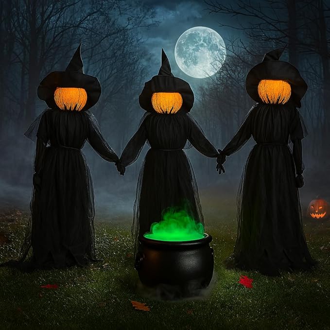 Evergreen Set of 3 LED Black Halloween Witches with Hats Stakes | 4 Feet Tall | Weatherproof Battery Operated | Spooky Garden Statue Outdoor Decoration Grass Lawn or Patio