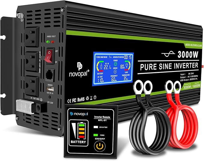 NOVOPAL 3000 Watt Pure Sine Wave Power Inverter 24V to 110V 120V Rv Inverters with 3 AC Outlets,High Power AC Terminal-16 ft Remote Control, LCD Display for Truck, Hurricane, Home