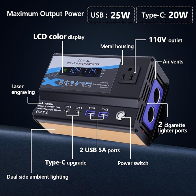 600W Car Power Inverter, 12V/24V Car Plug Adapter Outlet Converter with Dual Type C, Dual USB Dual, Dual Cigar Lighter, Single AC Outlet for Cars Trucks US Plug (Black)