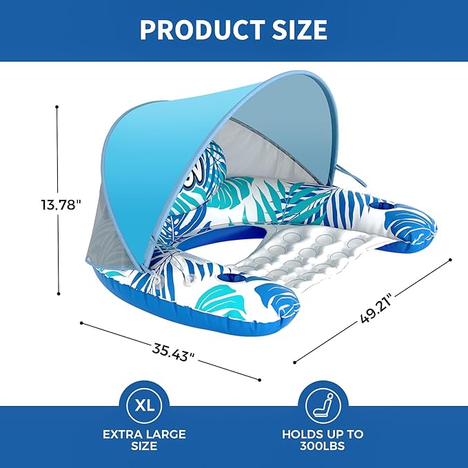 Pool Float for Adults with Canopy, XL Inflatable Chair Lounge Floaties with Adjustable Sun Shade Cover, Drink Holder, Ergonomic Headrest