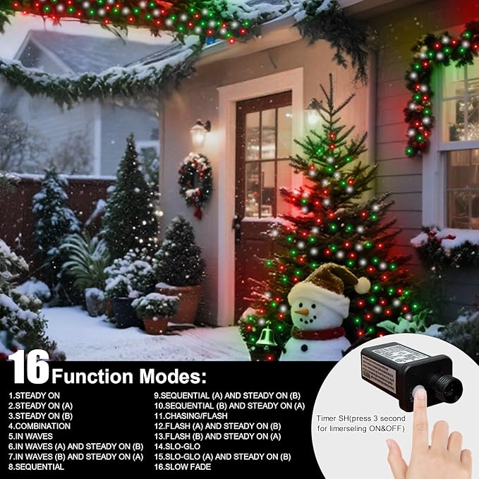 66ft Christmas Decorative Mini Lights, 200 LED Transparent Wire Fairy Starry String Lights Plug in, 16 Lighting Modes for Outdoor Xmas Tree Wedding Party Decoration (Red Green White)