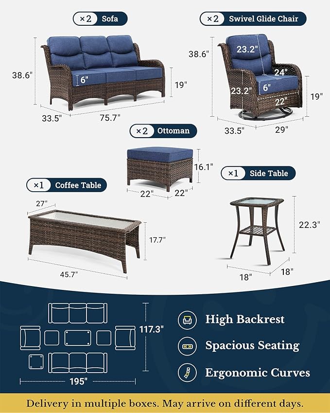 HILLGA Luxury Patio Furniture Set with 6-inch Thick Cushion, Outdoor Couch and High Back Swivel Rocker Patio Chairs, 8PCS Wicker Conversation Set for Deck Yard and Poolside, Blue (V2)