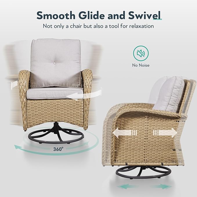 Outdoor Rocker Swivel Glider Chair - 3 Piece Wicker Patio Furniture Set, All Weather Patio Bistro Set with Glass Side Table for Balcony Porch Deck Backyard - Yellow Wicker Beige Cushion
