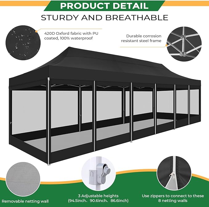 COBIZI 10x30 Heavy Duty Pop Up Canopy with 8 Sidewalls, Commercial Gazebo Party Tent with Mosquito Netting Wall Easy Set Up Outdoor Instant Screen Tent for Backyard, Patio, Garden, Black