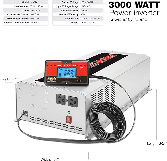Tundra M Series M3024 Power Inverter Modified Sine Wave 3000W/ 24V DC to 120 V AC for Trucks, Buses & Coaches Features LCD Display Adjustable Battery Protection with Dual AC Outlets