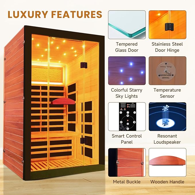 Far Infrared Sauna for Home 2 Person Sauna for Home Okoume Wood Red Sauna with Low EMF Infrared Sauna 2000W Dry Sauna 2 Person with 7 Colorful Light, Speaker and Tempered Glass Door