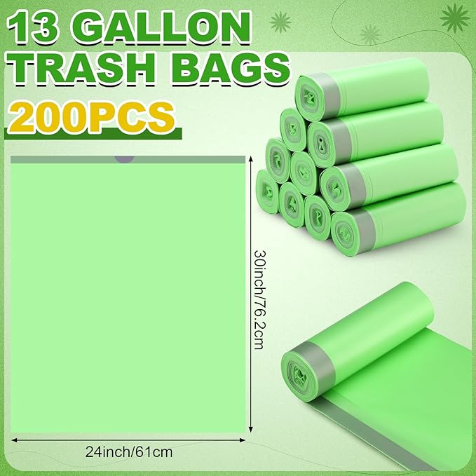 200 Count 13 Gallon Compostable Trash Bags with Drawstring Tall Kitchen Food Scrap Waste Bag Heavy Duty Extra Thick 1 Mil Tear Resistant for Lawn Yard Home Kitchen Office