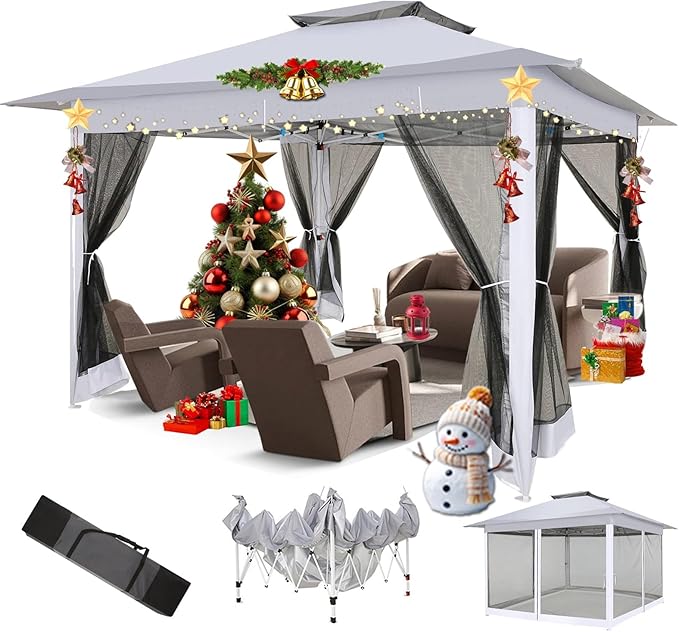 COBIZI 12x12 Pop Up Gazebo On Clearance - Upgrade Easy Up Metal Outdoor Canopy Waterproof - Portable Gazebo with Mosquito Nettings, 4 Ropes 8 Stakes and Carry Bag for Patio Garden(Light Gray)
